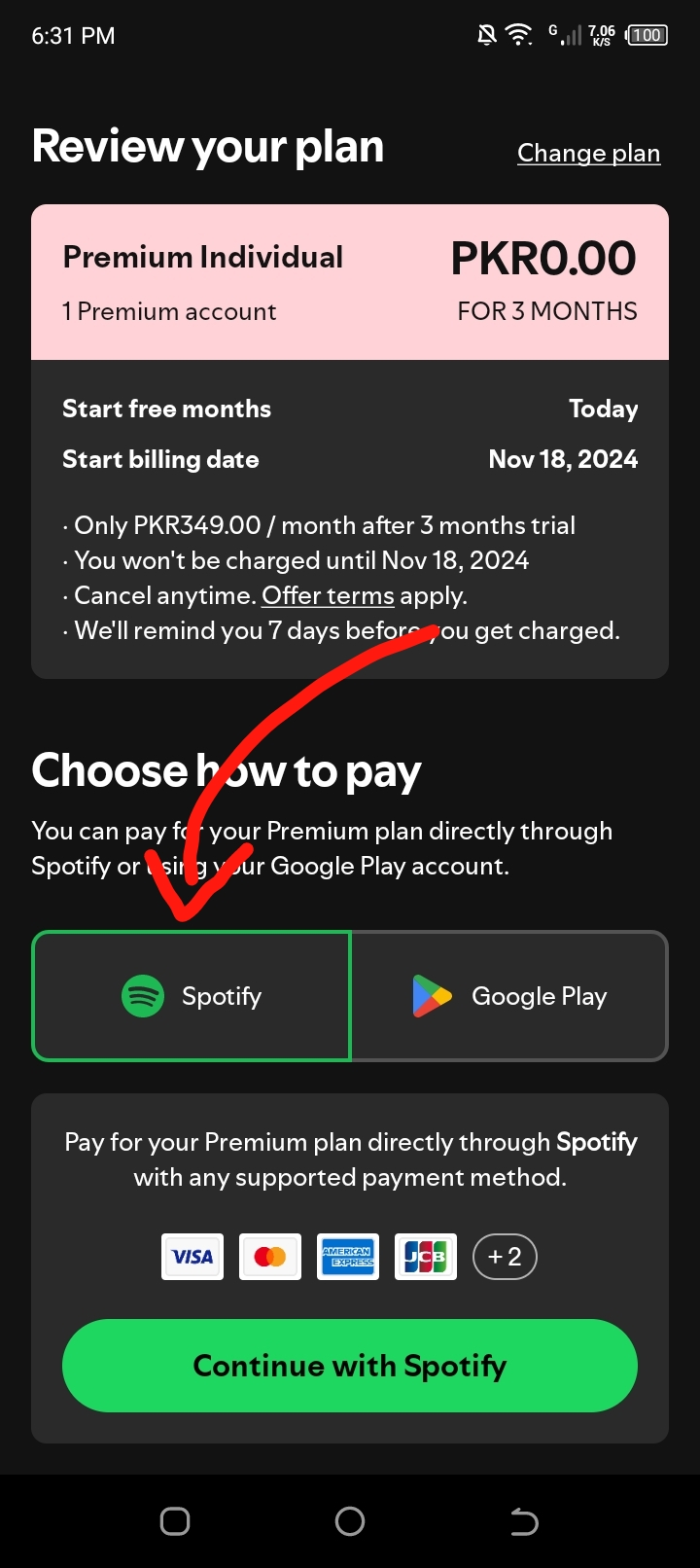 Google Play Store: Spotify Payment Method: